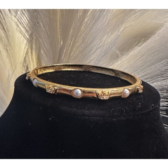 Vintage Fendi Gold Plated Bangle Bracelet | Faux Pearls & Crown Accents - Picture 1 of 6